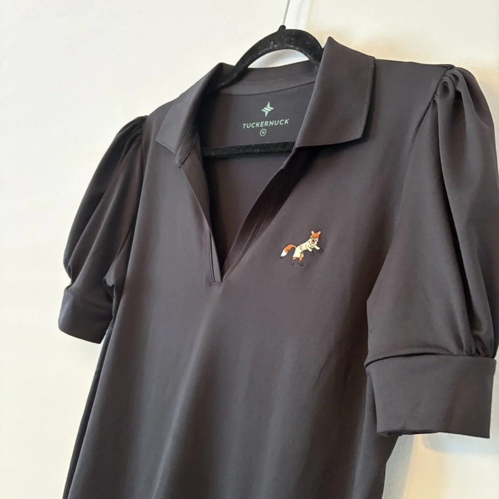 Tuckernuck Peggy Puff Sleeve Polo Top Black Size M River Bend Golf Club Fox Logo